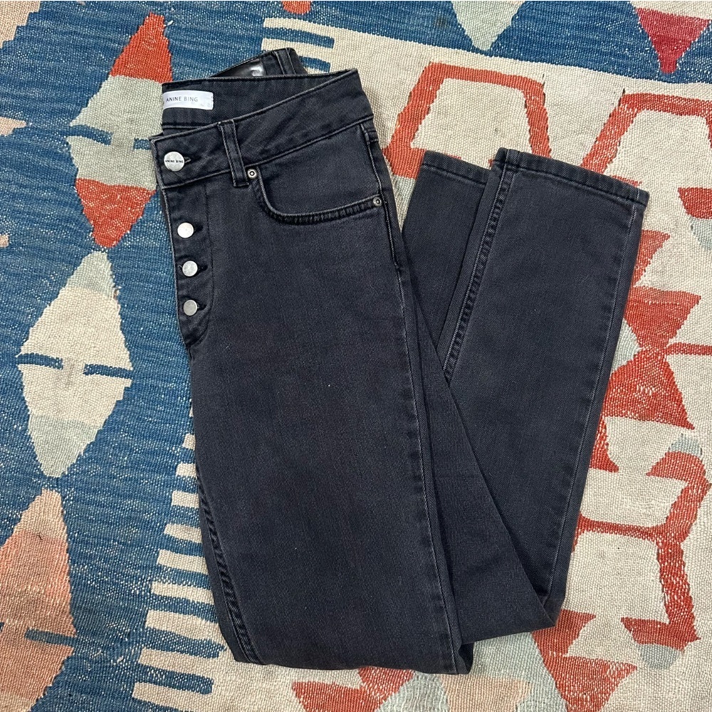 Anine Bing Frida High Rise Slim Jeans Charcoal Exposed Buttons - like new - Picture 4 of 12